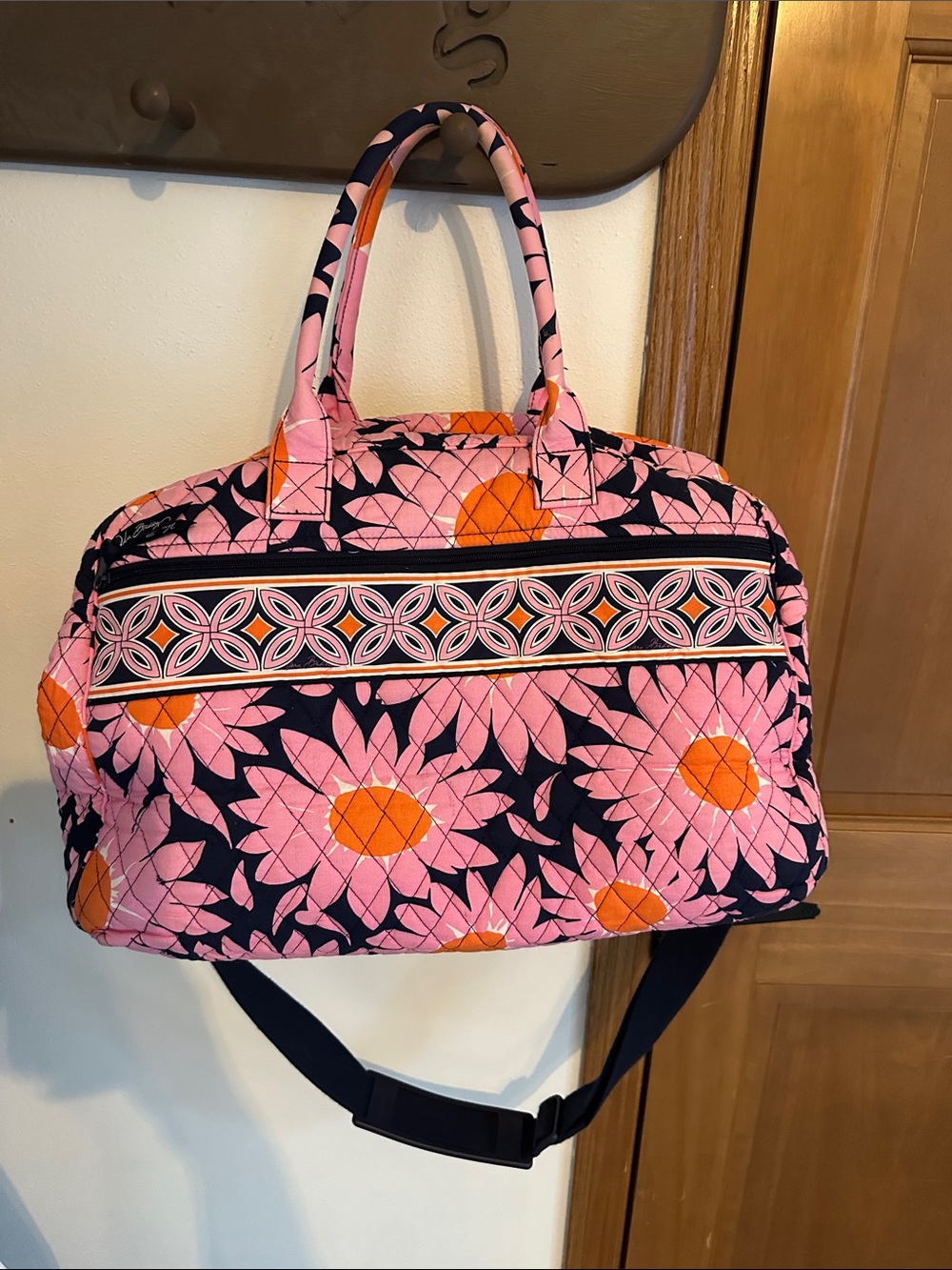 Vera Bradley Pink Floral Quilted Travel Bag with Orange Accents